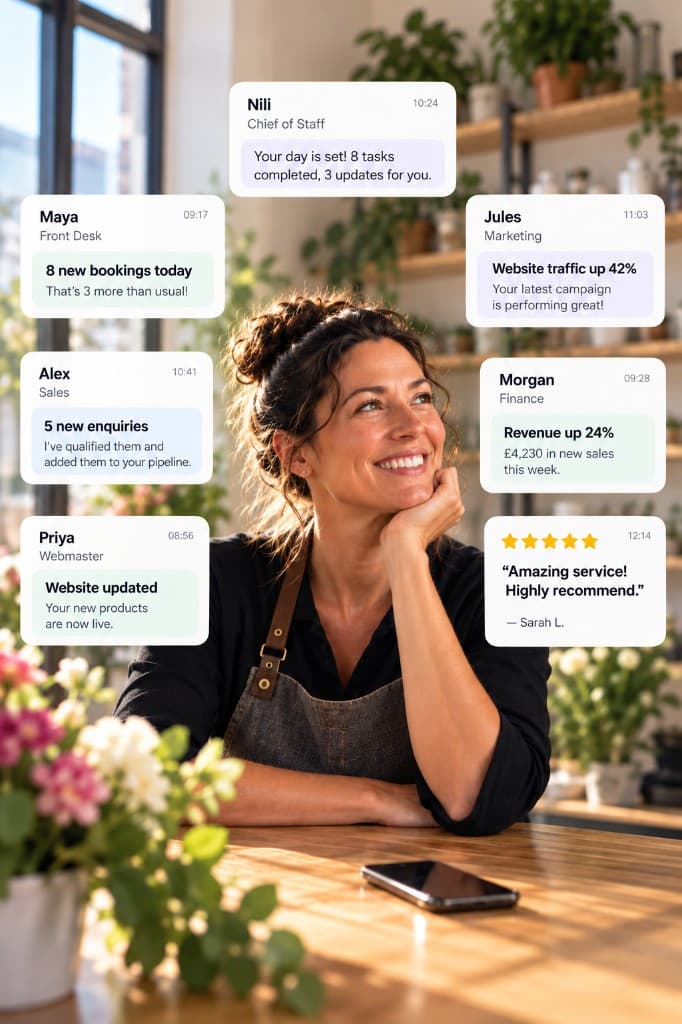 A small-business owner at work while Nili teammates handle bookings, sales, marketing, the website and finance